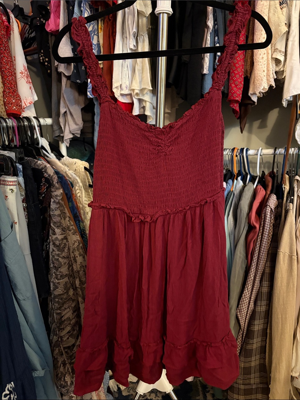 Ruffled Smocked Mini Dress in Burgundy